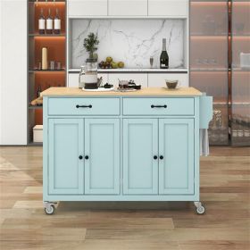 Kitchen Island Cart with 4 Door Cabinet and Two Drawers and 2 Locking Wheels - Solid Wood Top, Adjustable Shelves, Spice & Towel Rack(Mint Green)